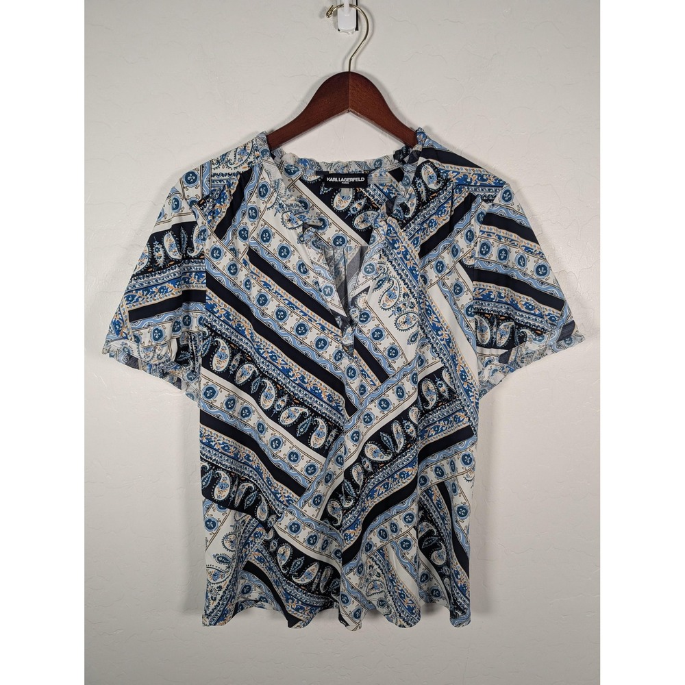 Karl Lagerfeld Paris Shirt Womens Large Blue Paisley Ruffle Short Sleeve Blouse